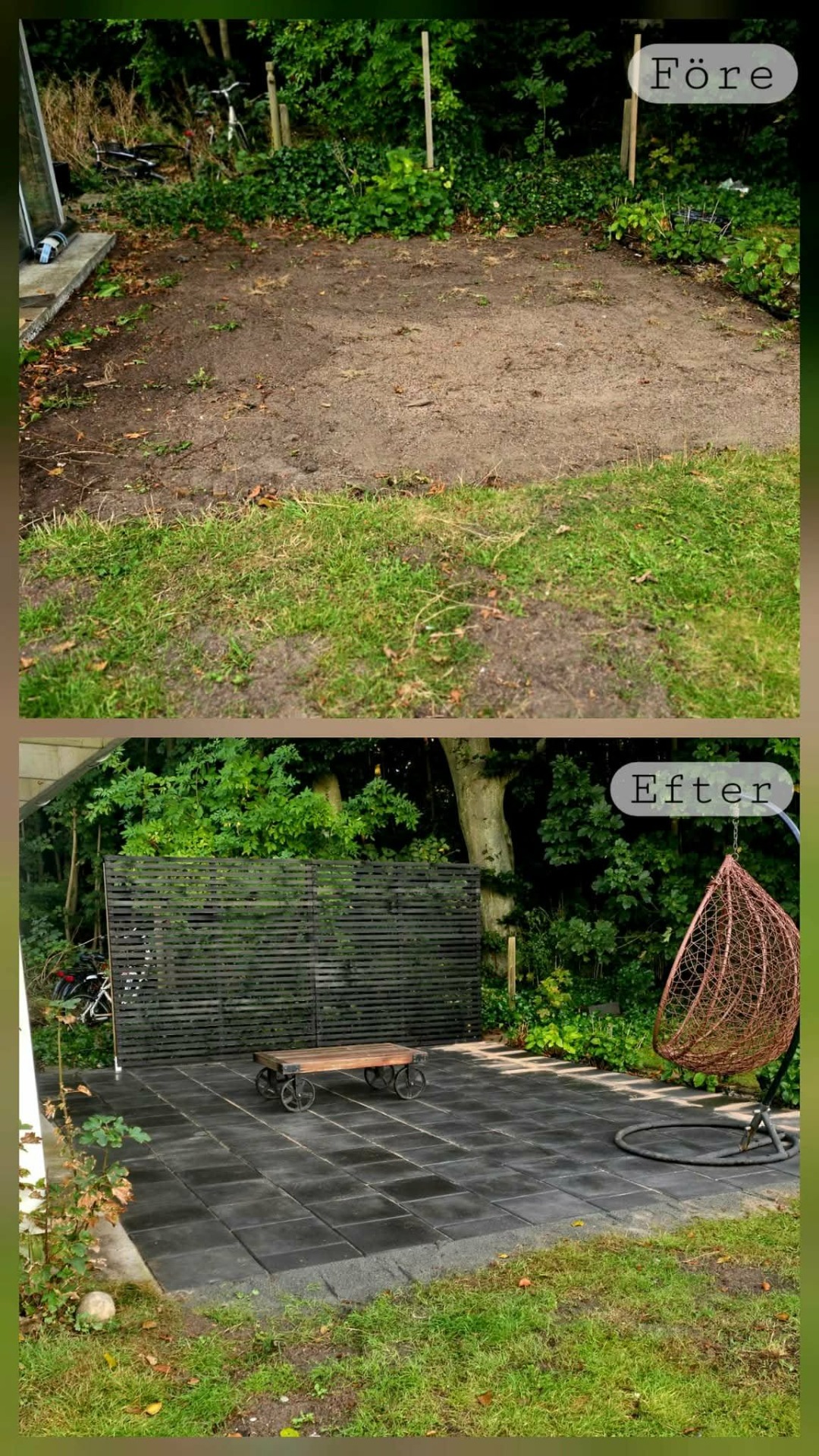 Före och efter-bilder av en trädgård: tom jordyta blir stenlagd uteplats med spaljé och hängande nätstol.